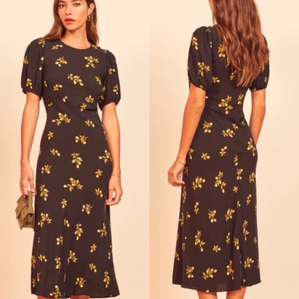 Reformation Black Midi Dress with Yellow Floral Print